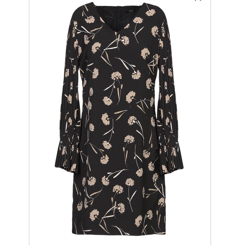 Seventy Sergio Tegon Black Floral Pleated Sleeve V-Neck Shift Dress AB0828 IT 48